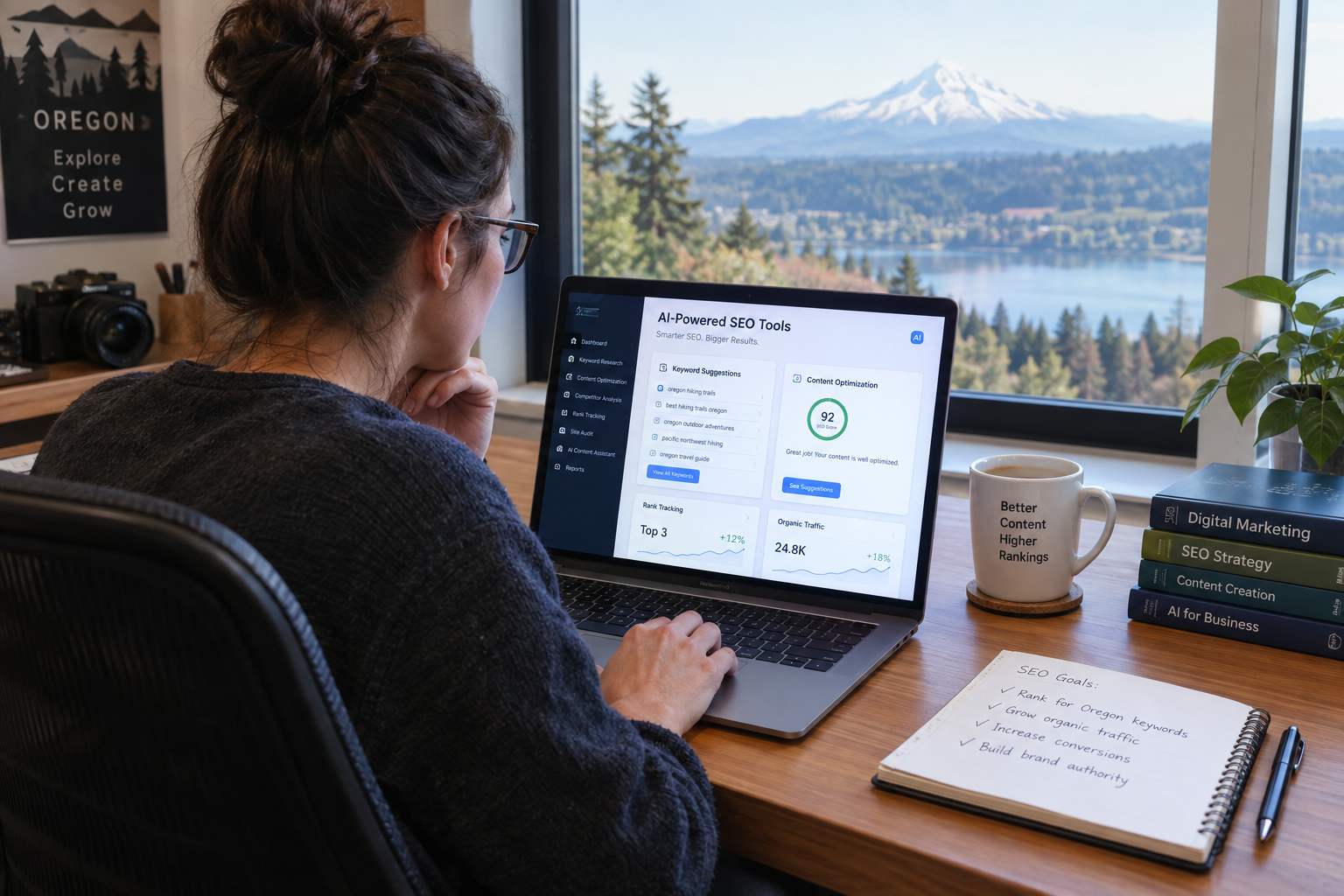Business owner reviewing AI-powered SEO tools on a laptop in a modern home office with an Oregon landscape visible through the window