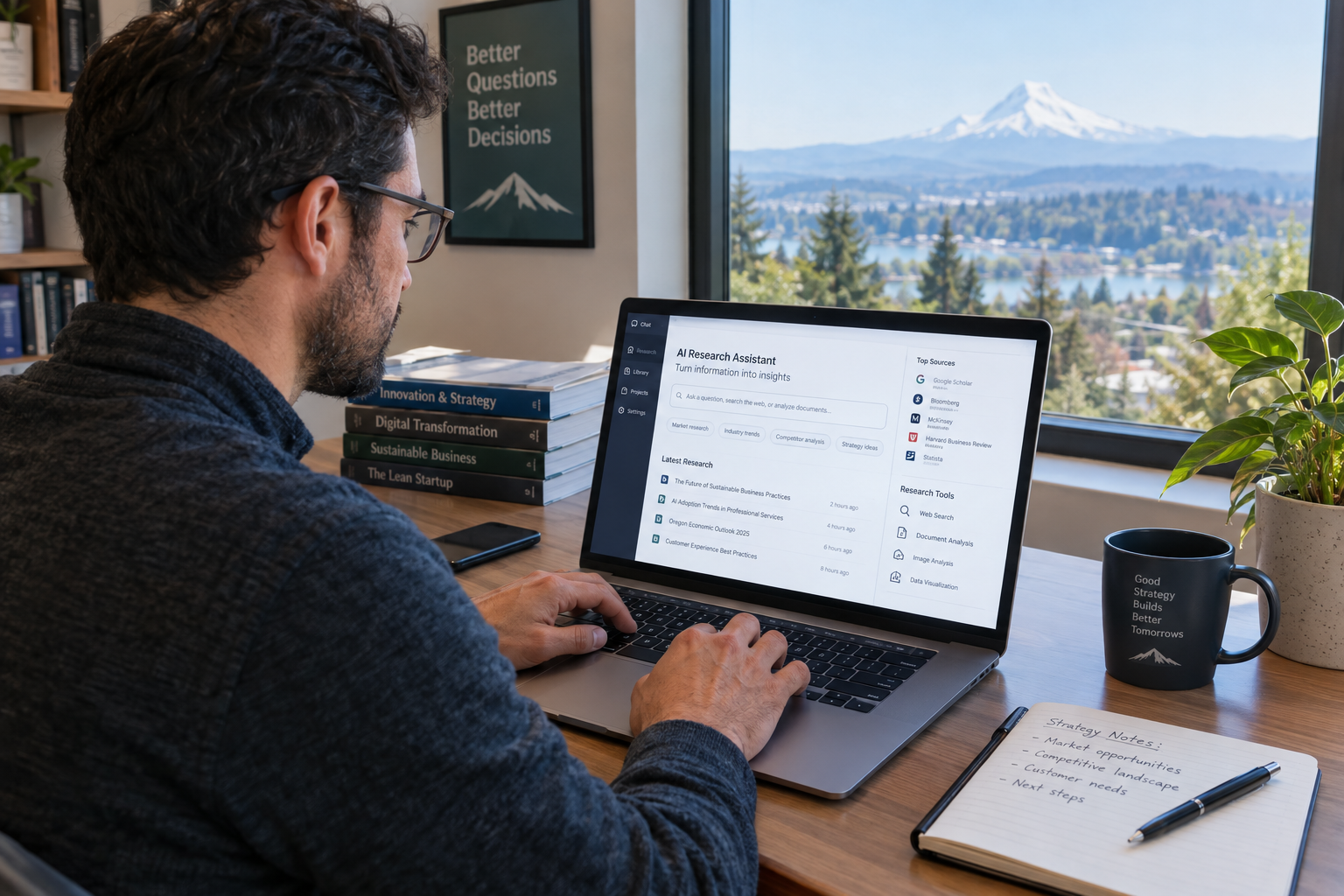 Business consultant using AI research tools on a laptop in a modern home office with Oregon scenery outside the window