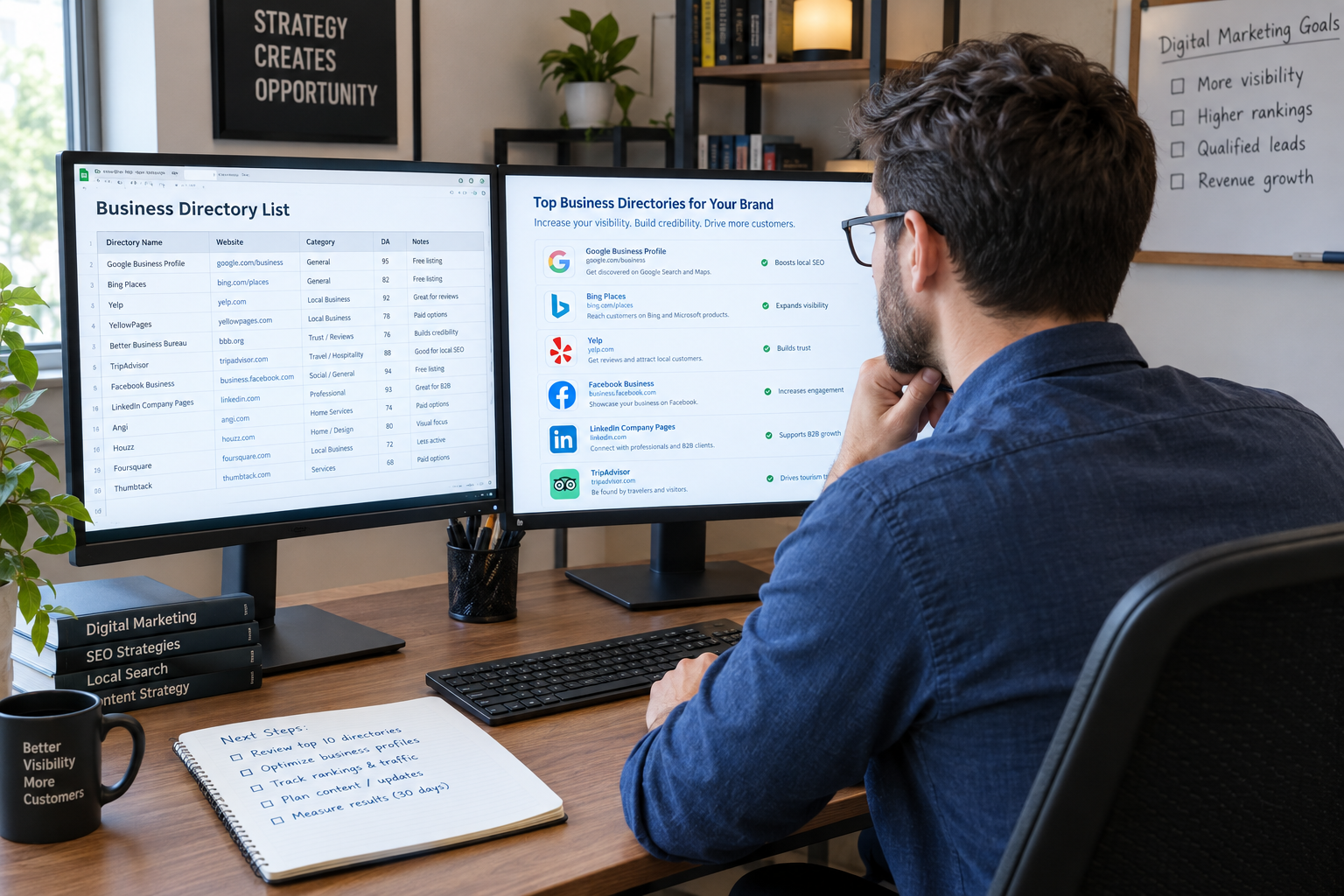Digital marketing consultant reviewing a list of business directories on dual screens in a professional home office