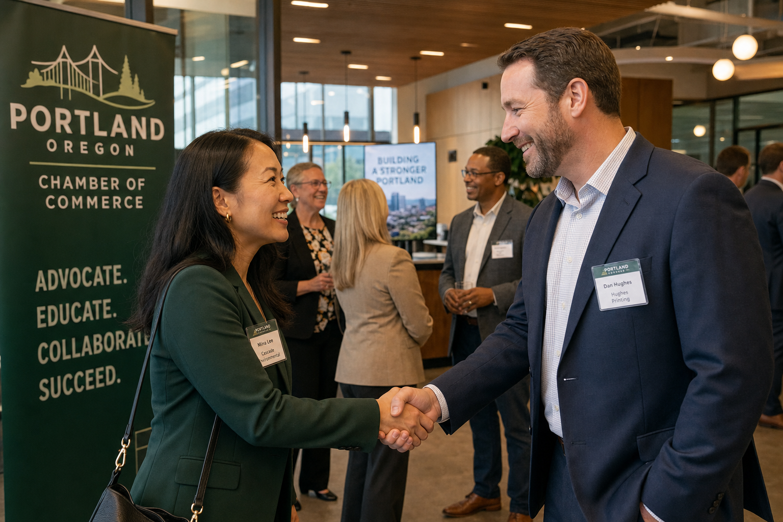 Two professionals shaking hands at a Portland Oregon Chamber of Commerce networking event with name badges and warm ambient lighting