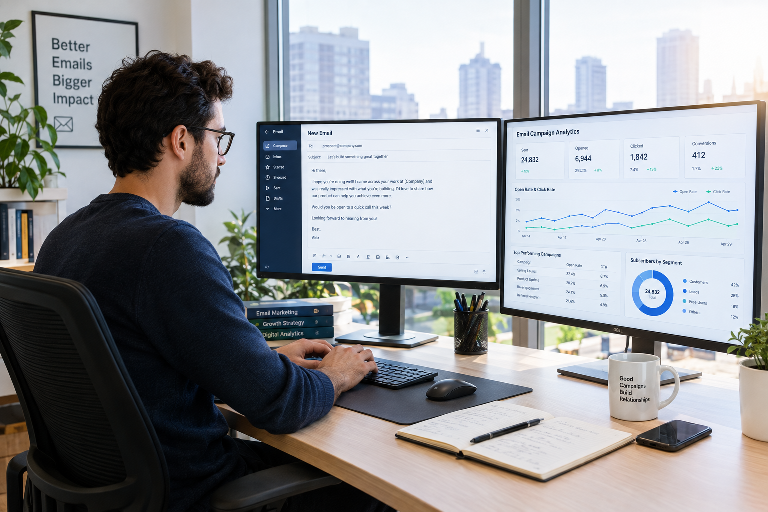 Email marketer composing outreach emails at a clean desk with a second monitor showing campaign analytics in morning light