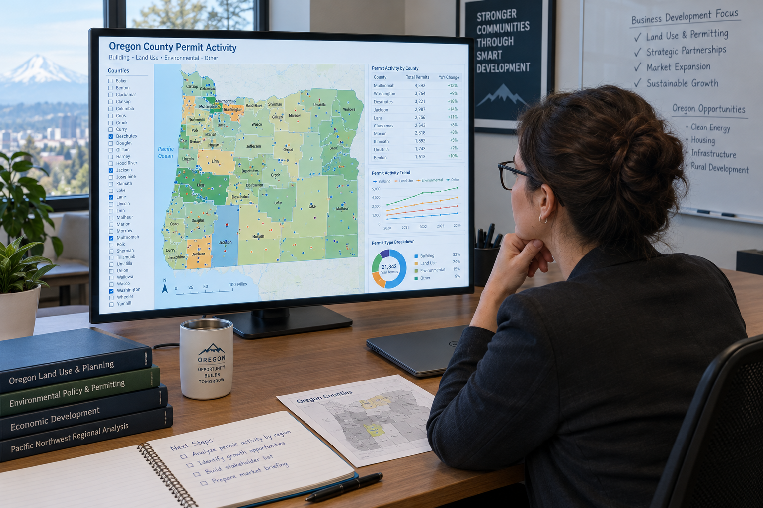 Business development professional studying a map of Oregon counties with permit activity on a large monitor