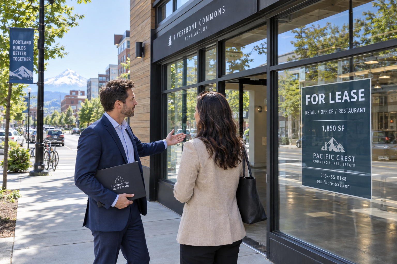 Commercial real estate agent showing a modern Oregon storefront to a prospective business owner on a sunny city street