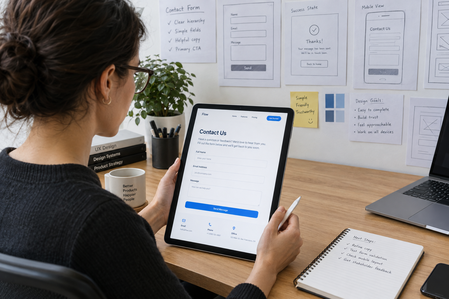 UX designer reviewing a contact form mockup on a tablet in a clean workspace with design sketches on the wall