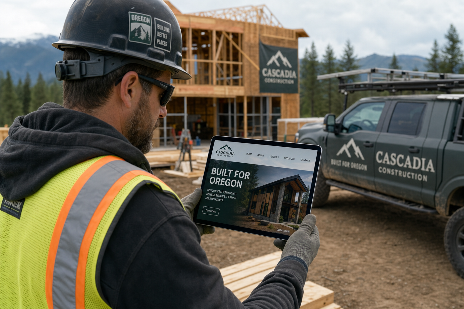 Oregon contractor reviewing their professional website on a tablet at a construction job site