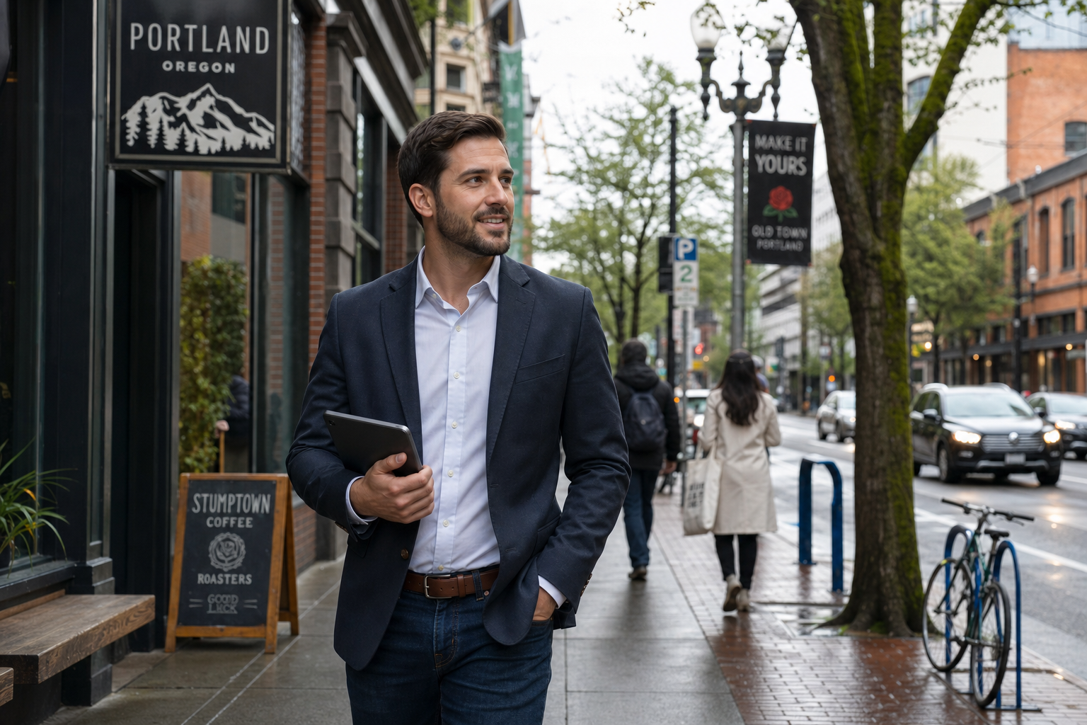 Sales professional with a tablet walking a Portland commercial district with storefronts and pedestrians in the background