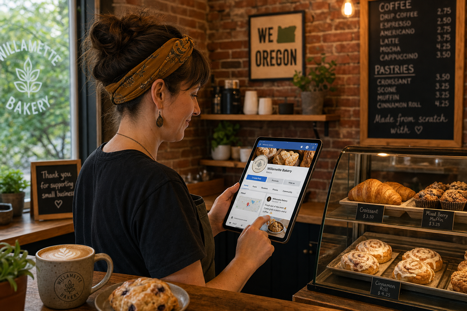 Small business owner managing her Facebook business page on a tablet inside a cozy Oregon bakery with exposed brick and warm lighting