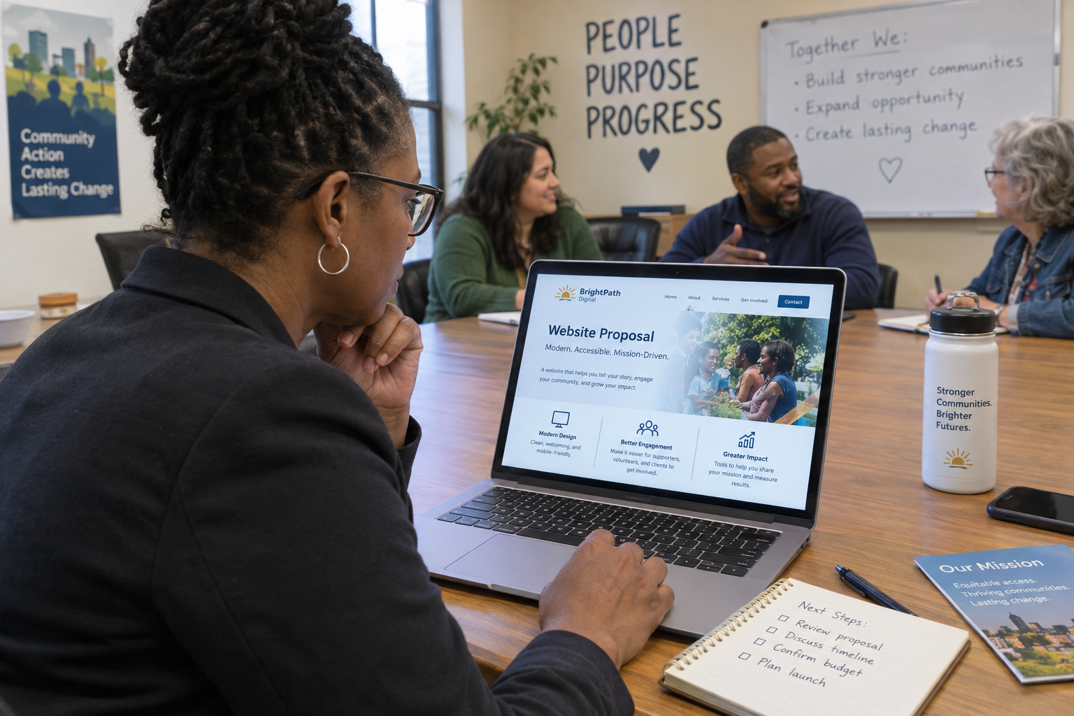 Nonprofit executive director reviewing a website proposal on a laptop in a community meeting room