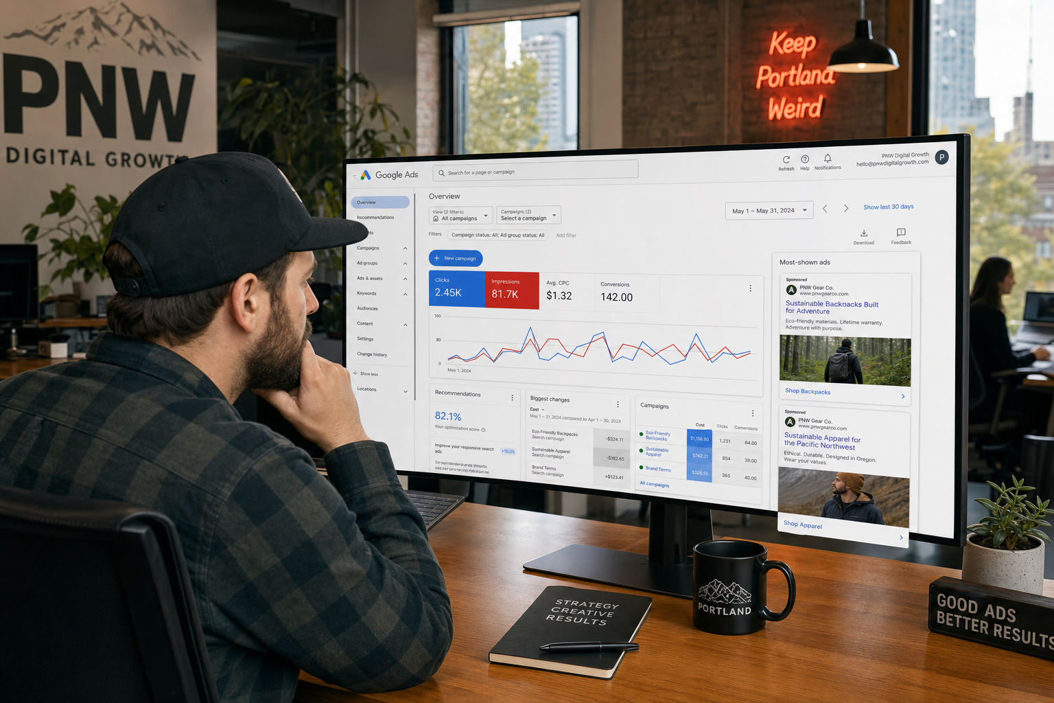 Digital advertiser analyzing Google Ads data on a widescreen monitor in a modern Portland marketing agency