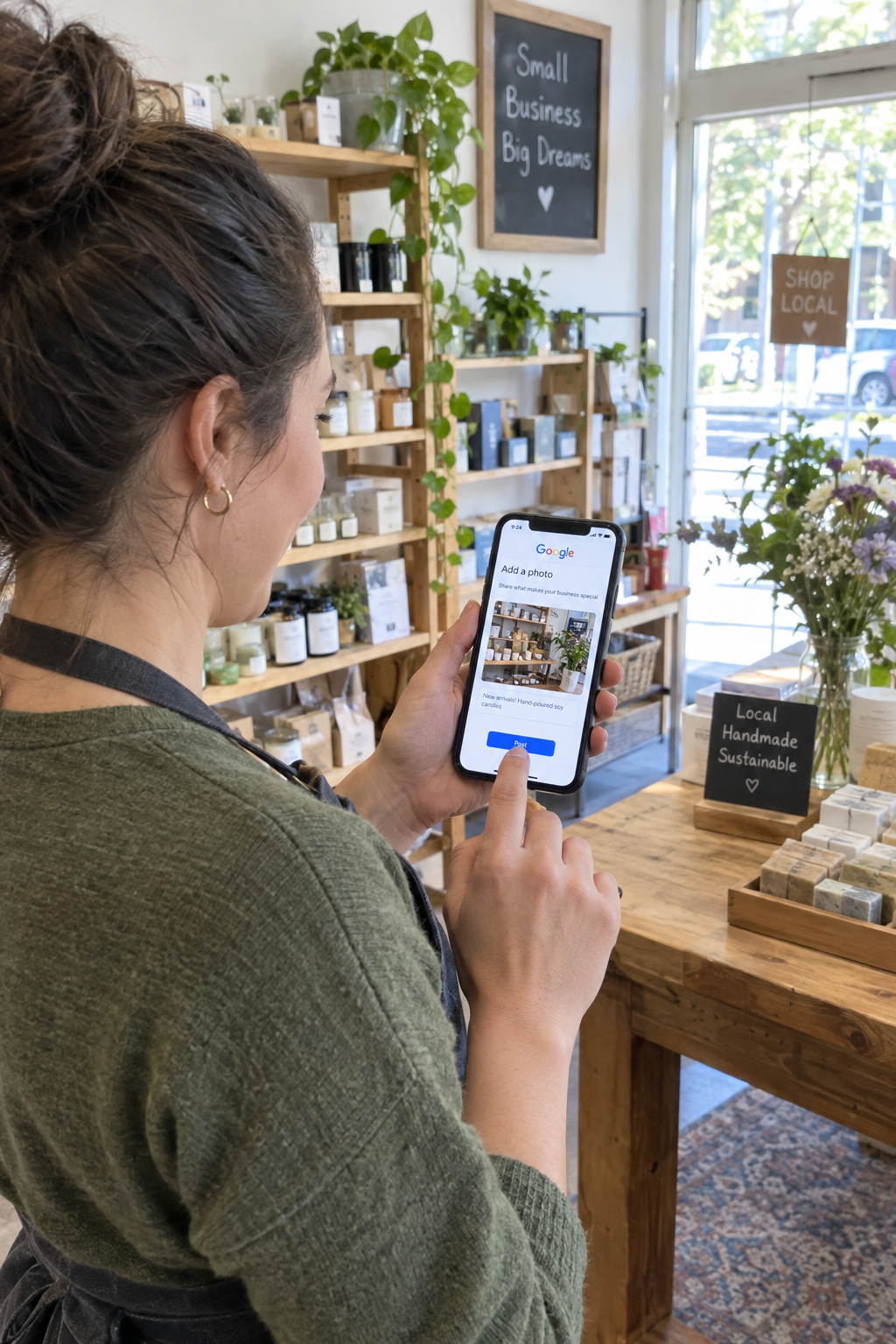 Small business owner posting a photo update to Google Business Profile on a smartphone inside their shop in morning light