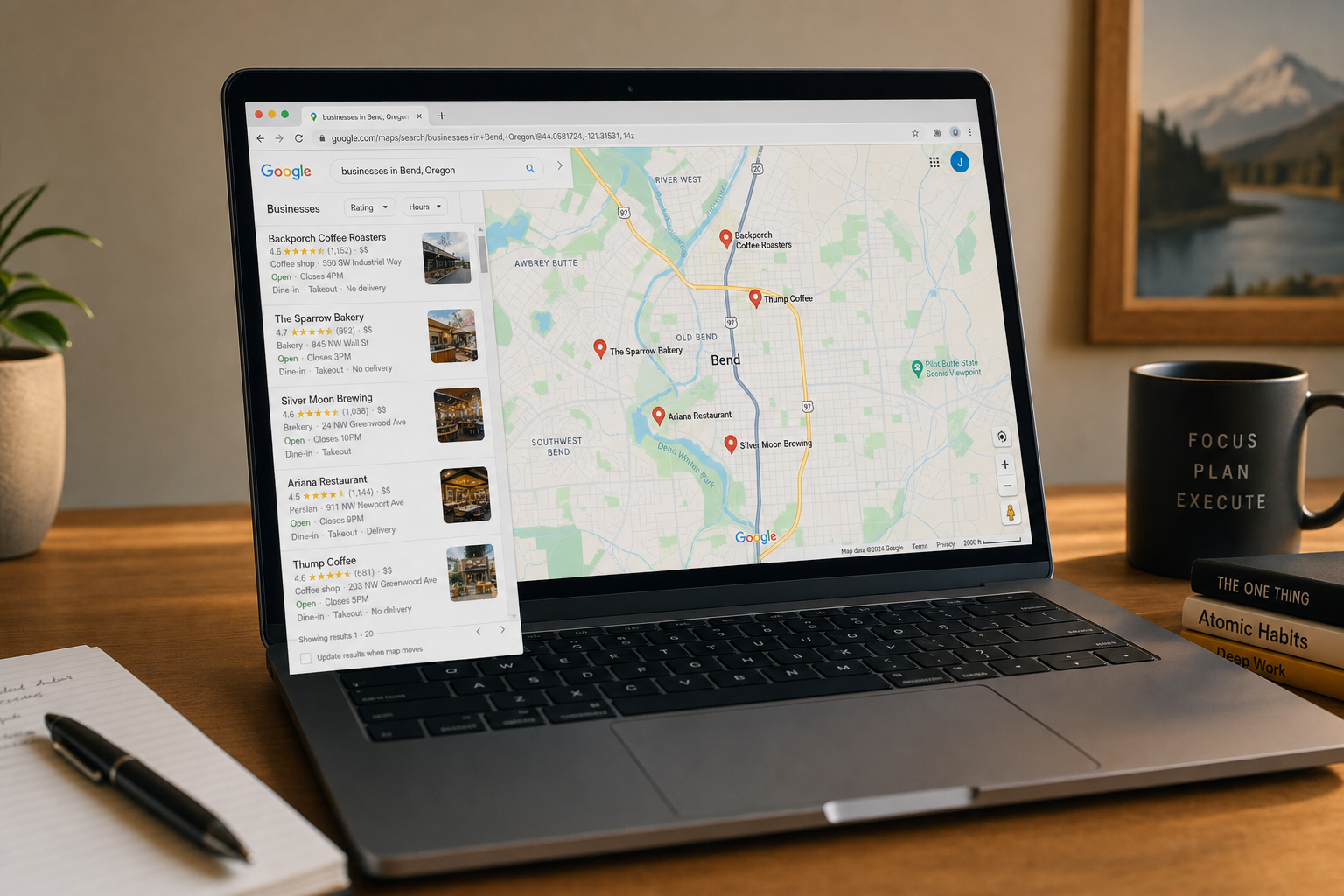 Laptop displaying Google Maps with Oregon business pins in a professional home office