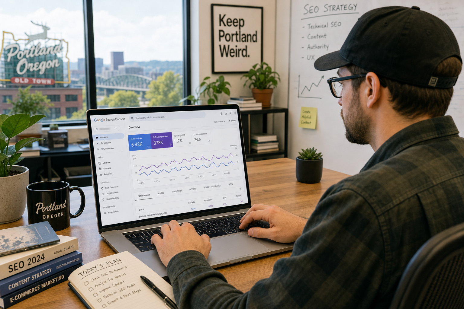 Digital marketer analyzing Google Search Console data on a laptop in a modern Portland office