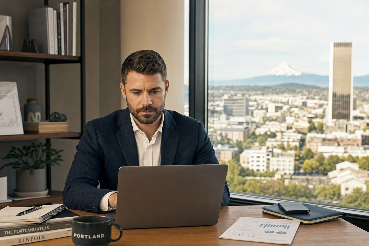 Professional reviewing local business data in a Portland Oregon office with city view