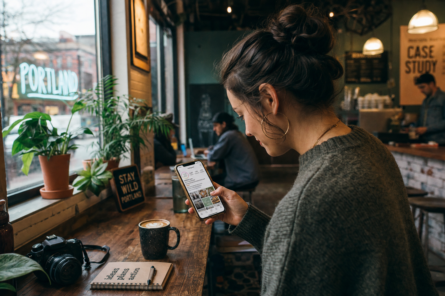 Creative entrepreneur browsing Instagram business accounts on a phone in a trendy Portland coffee shop