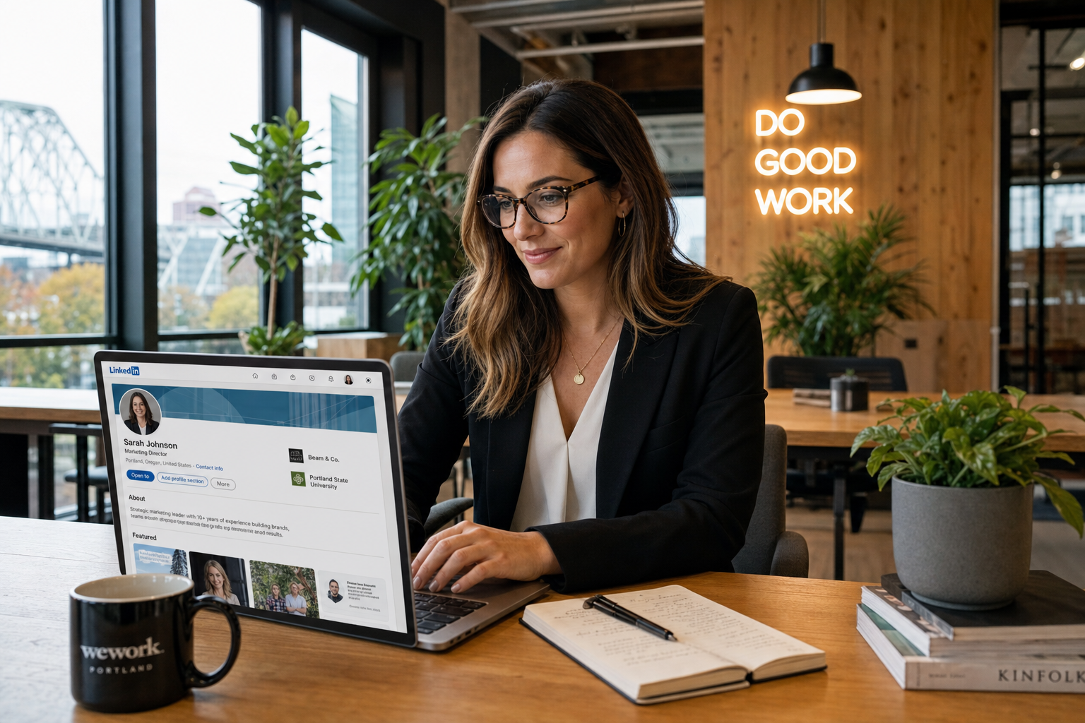 Professional woman reviewing a LinkedIn profile on a MacBook in a modern Portland co-working space with warm wood interiors