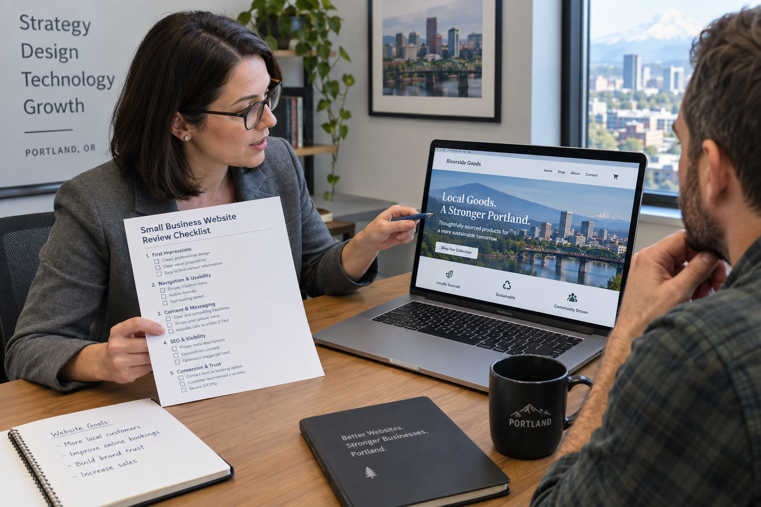 Business consultant with a printed checklist reviewing a small business website on a laptop in a Portland office