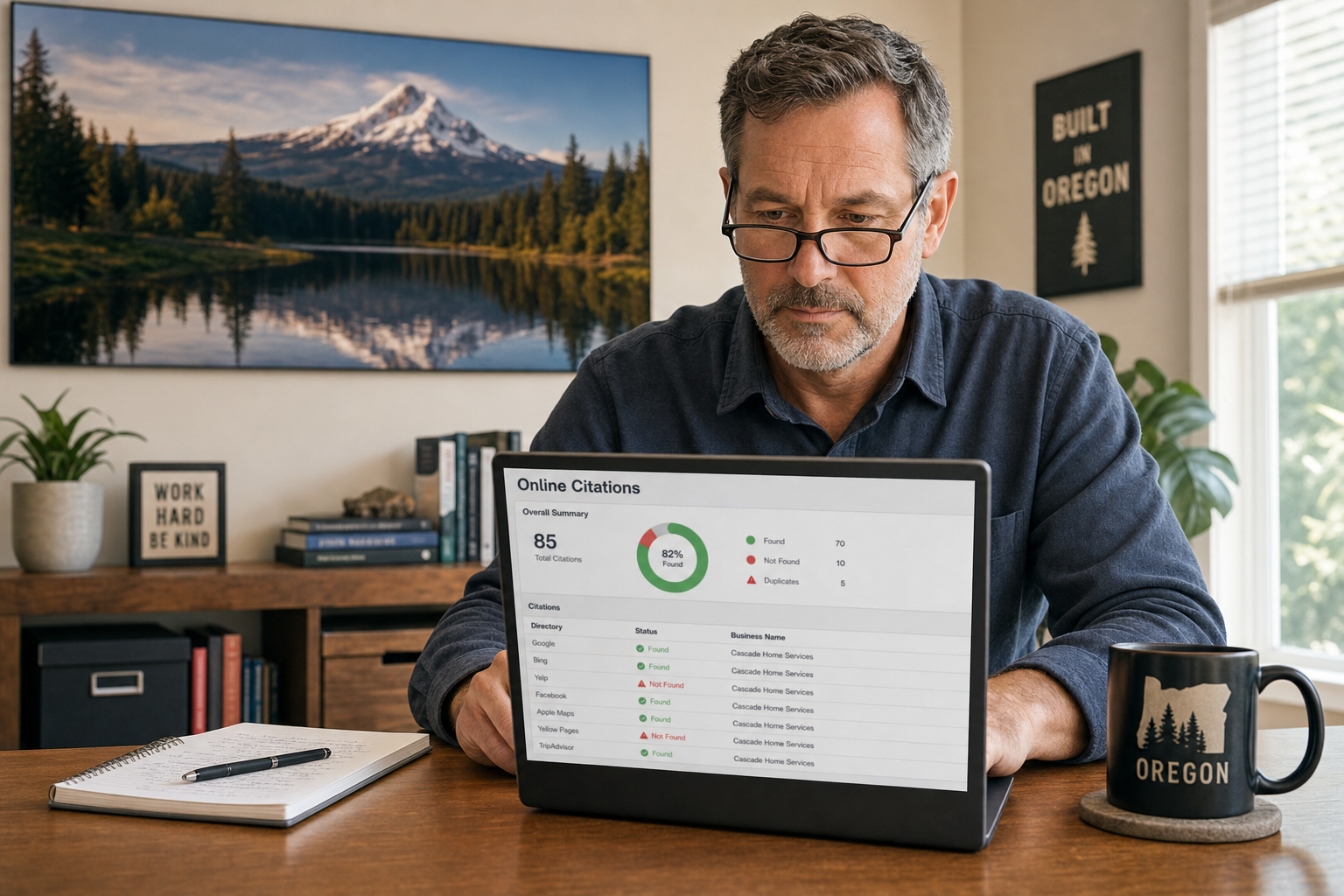 Business owner reviewing online citation audit results on a laptop in a home office with Oregon landscape on the wall