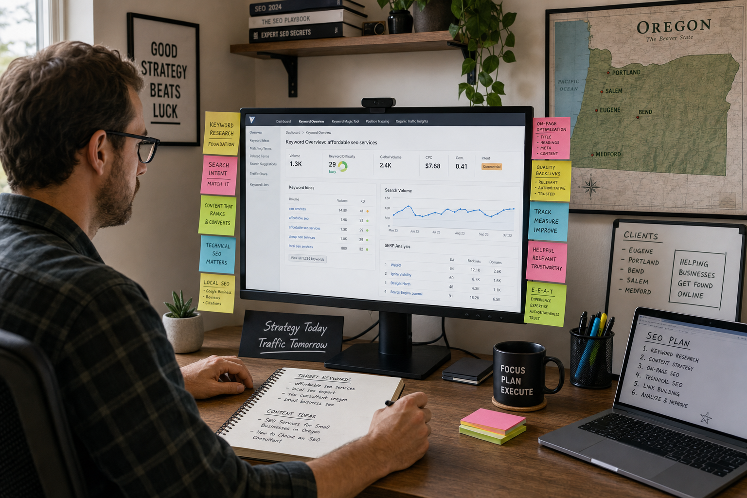 SEO consultant with sticky notes around a monitor showing keyword research tools with Oregon map on the wall