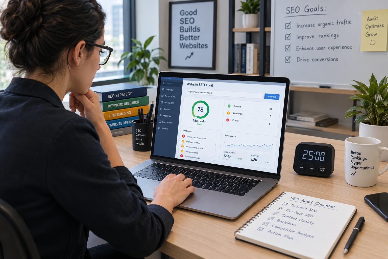 SEO professional with a timer on the desk auditing a website on a laptop in an organized workspace