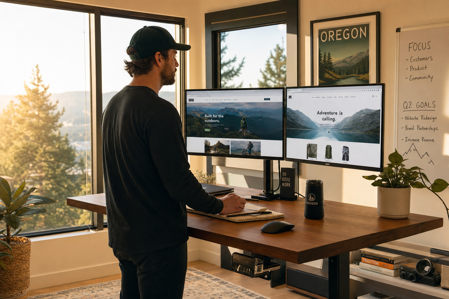 Oregon entrepreneur analyzing competitor websites on dual monitors at a standing desk with golden hour light
