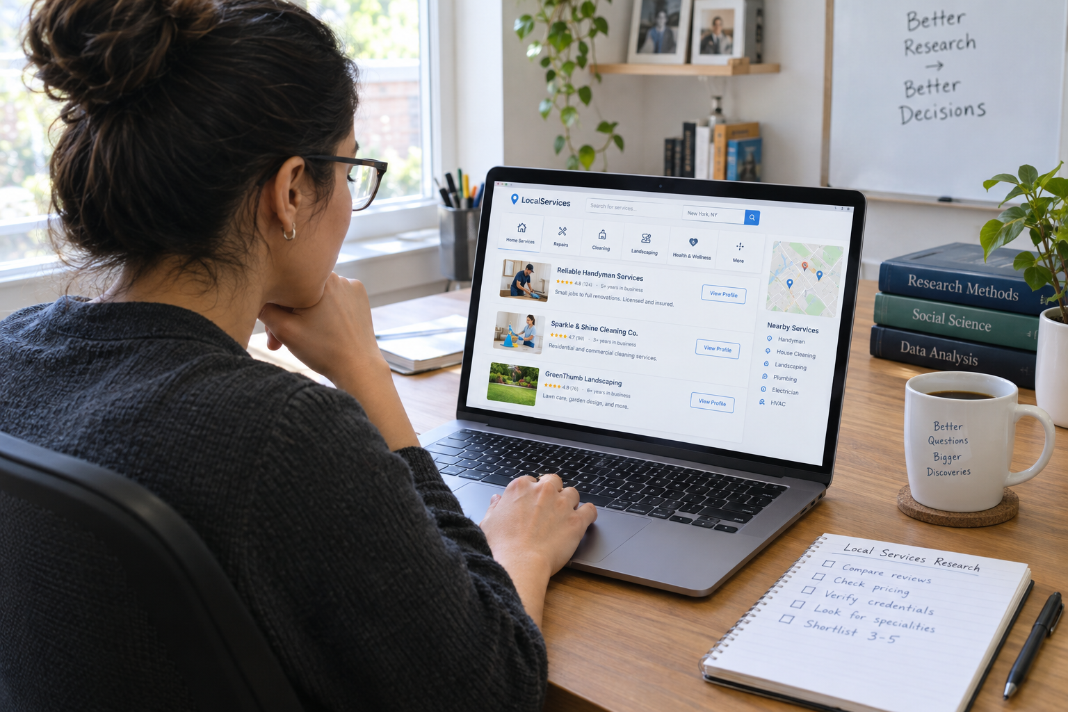 Researcher browsing local service ads on a laptop at a home office desk with morning coffee nearby
