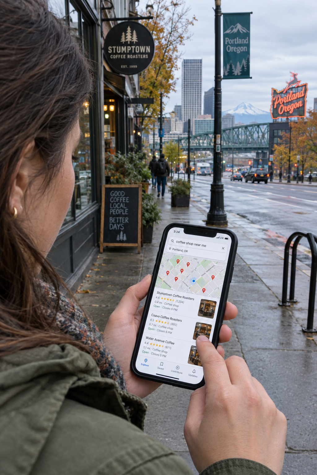 Customer using a phone to find a local Oregon business while standing on a Portland sidewalk