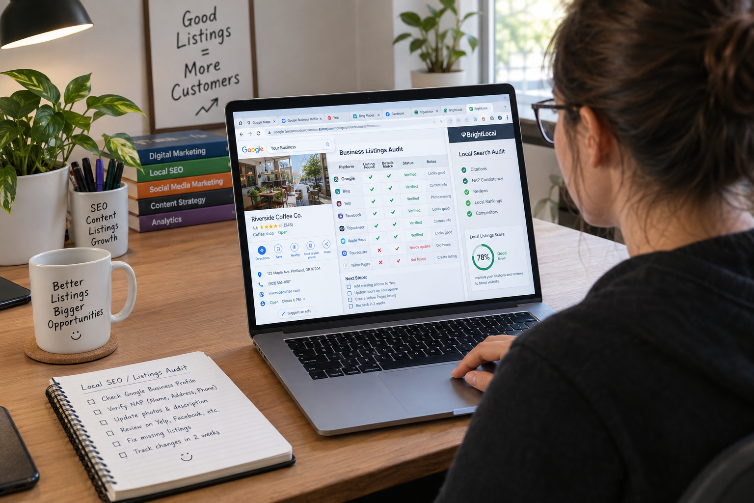 Digital marketer auditing business listings on a laptop in an organized home office with multiple browser tabs open