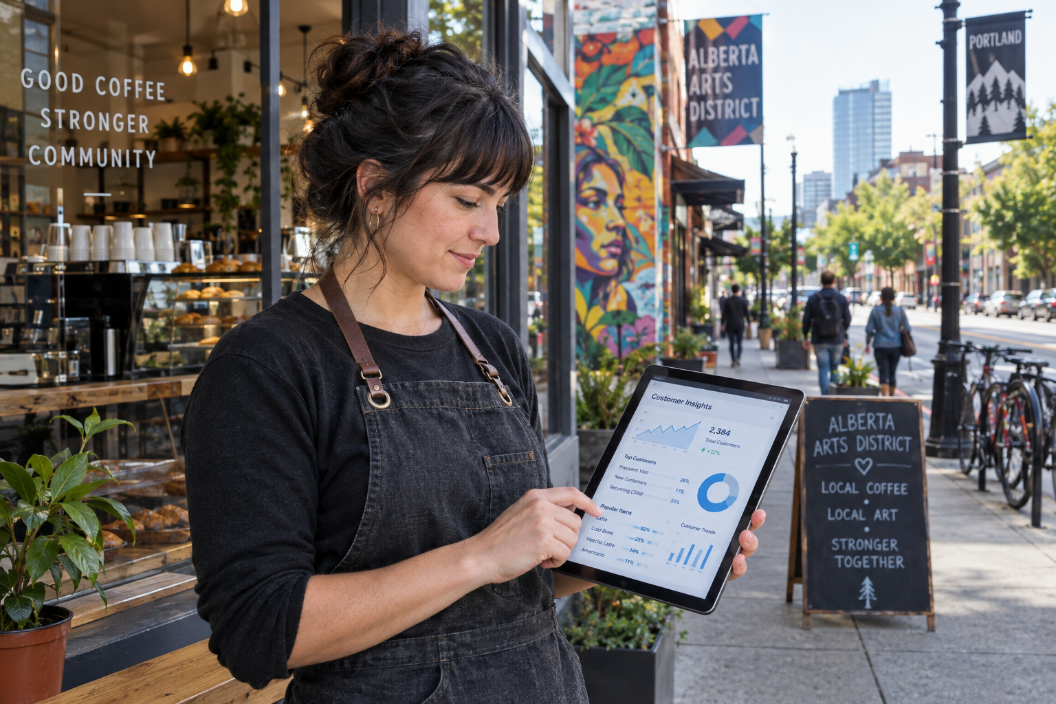Portland coffee shop owner reviewing customer data on a tablet with a neighborhood business district behind them