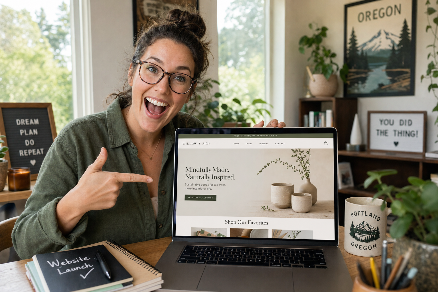 Excited new small business owner showing her newly launched website on a laptop in an Oregon home office