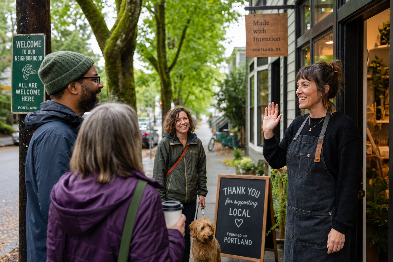 Friendly business owner greeting neighbors on a Portland tree-lined street in a welcoming Pacific Northwest neighborhood
