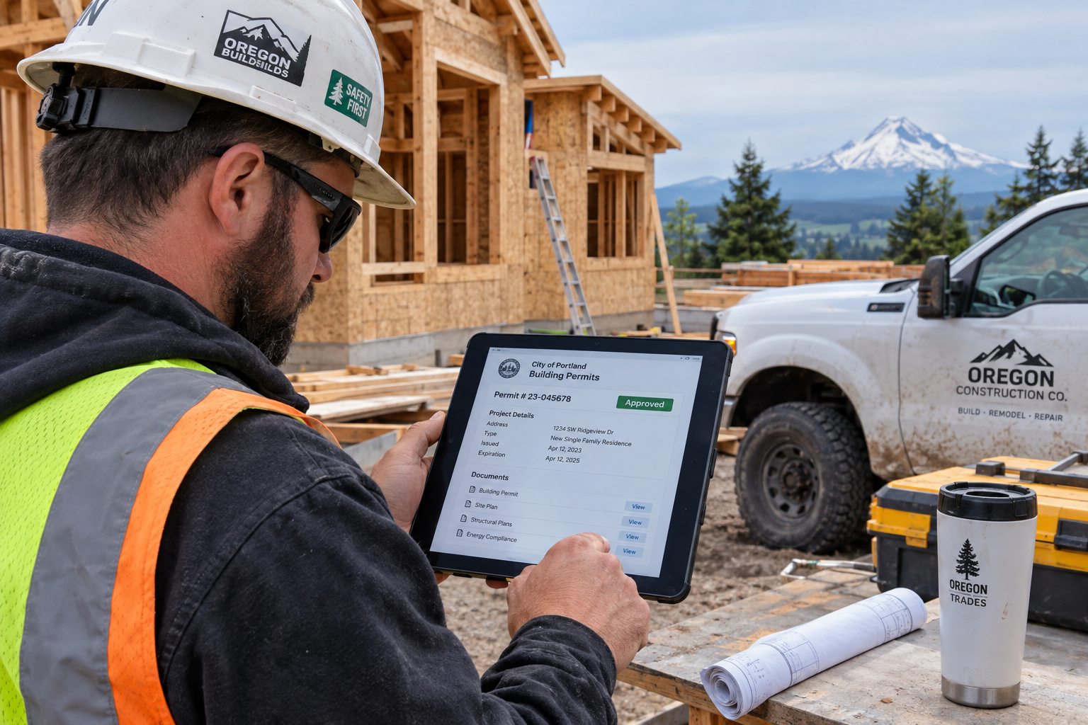 Contractor reviewing building permits on a tablet at an Oregon construction site with safety equipment visible