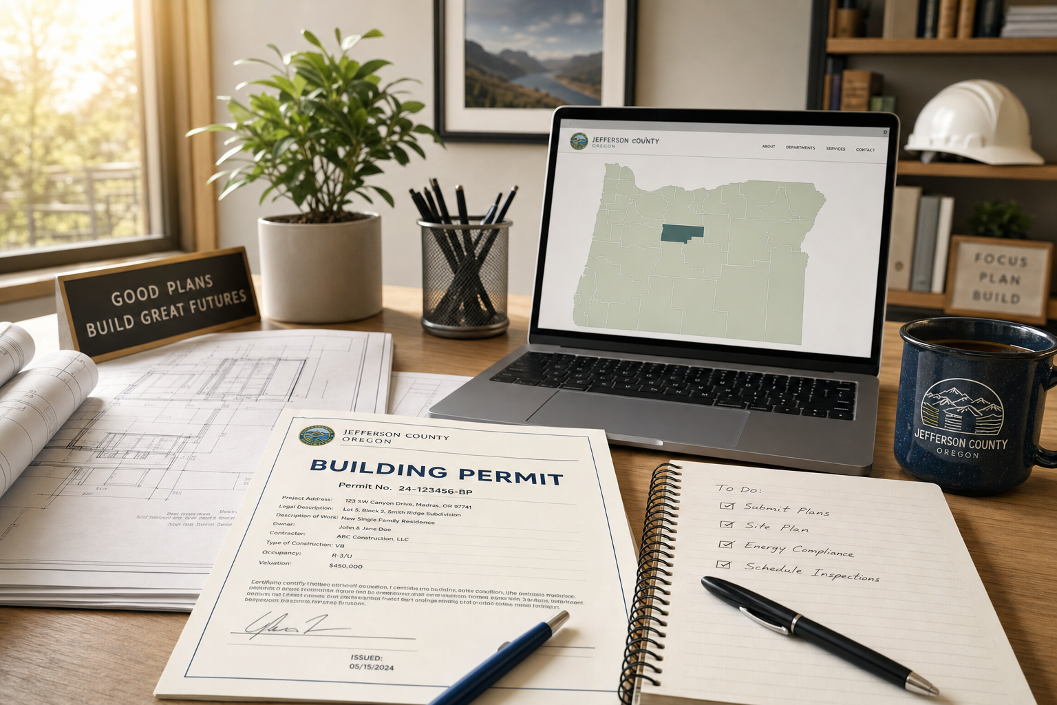 Building permit documents and blueprints on a desk next to a laptop showing an Oregon county map in a professional workspace