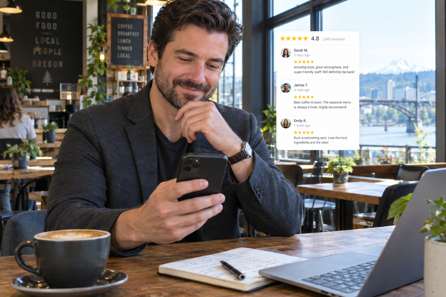 Business manager reading customer reviews on a phone in a modern Oregon cafe with natural light