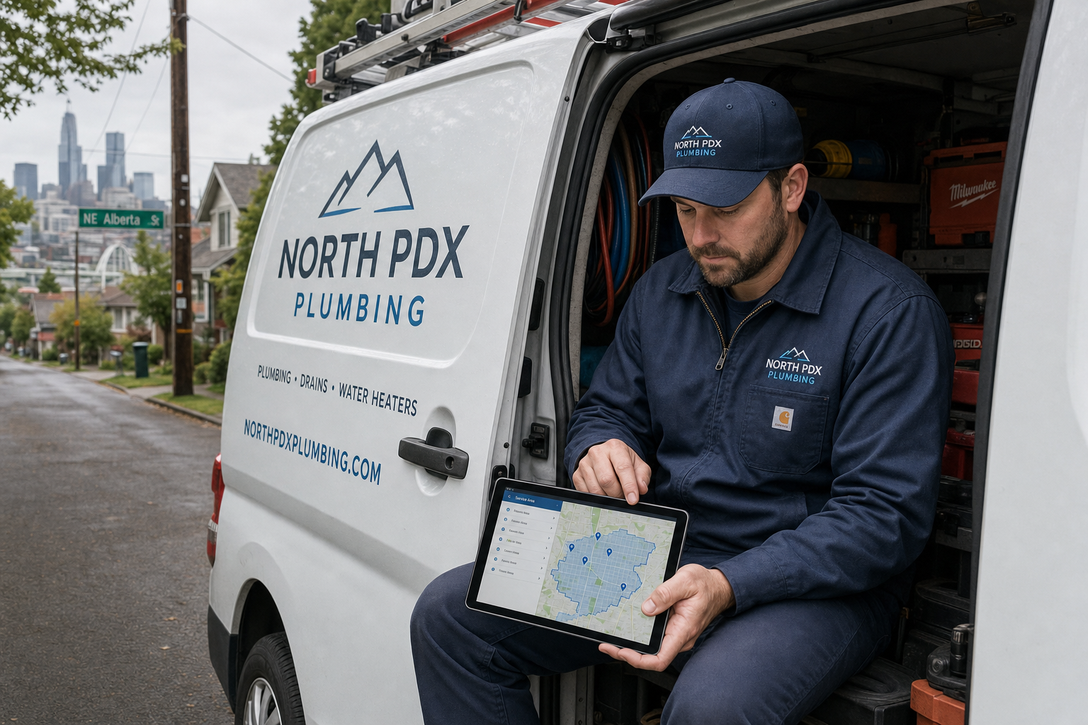 Plumber sitting in a company van reviewing service area maps on a tablet in a Portland neighborhood