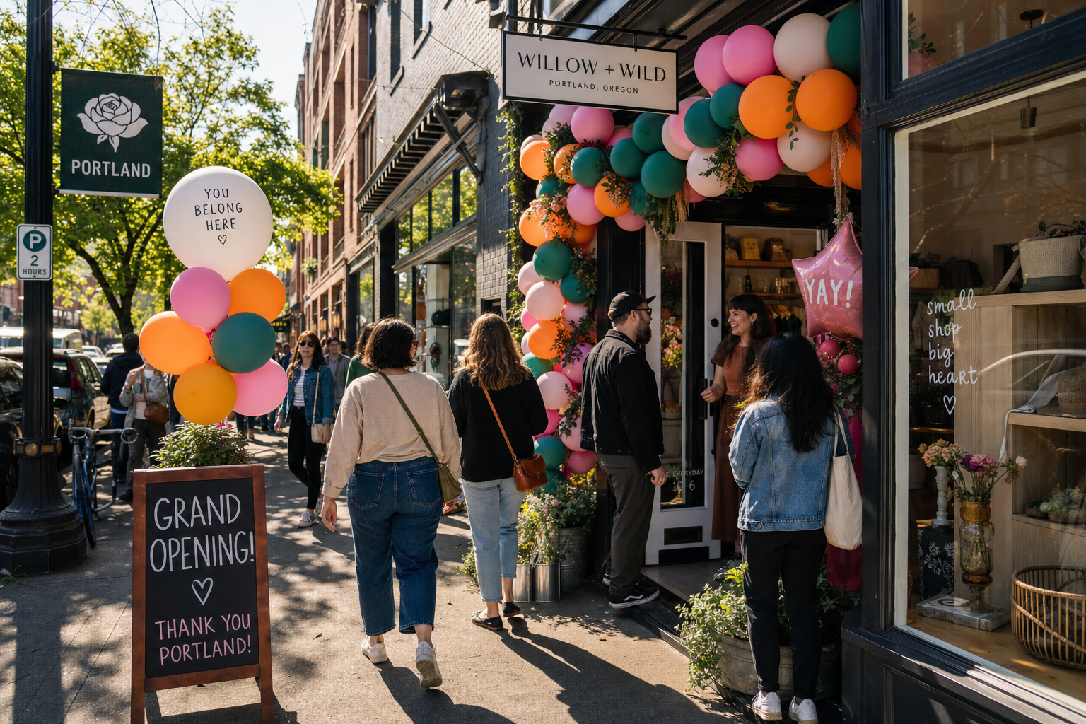 Grand opening of a small boutique storefront in Portland Oregon with colorful balloons and foot traffic on a sunny street
