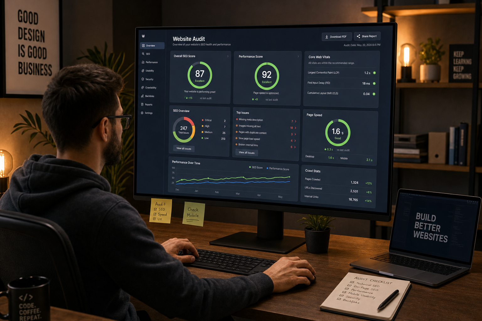 Web designer reviewing SEO audit metrics on a large dark monitor in a modern home office with warm ambient lighting