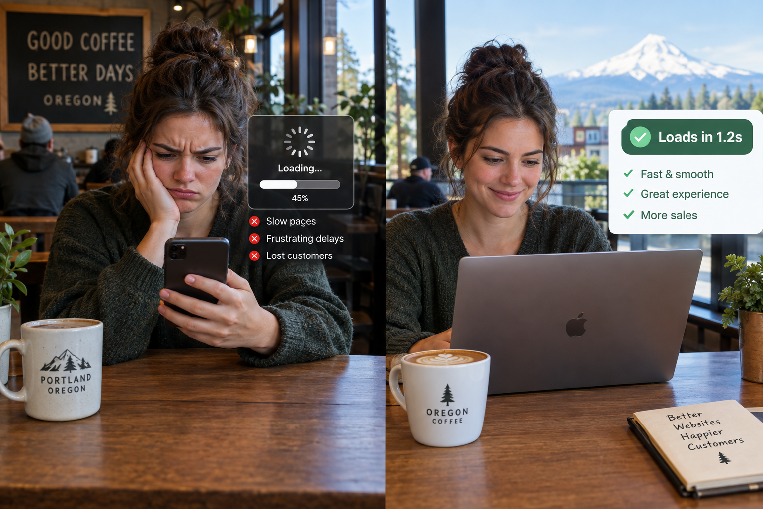 Frustrated customer waiting for a slow website on a phone while a fast modern site loads on a laptop in an Oregon coffee shop